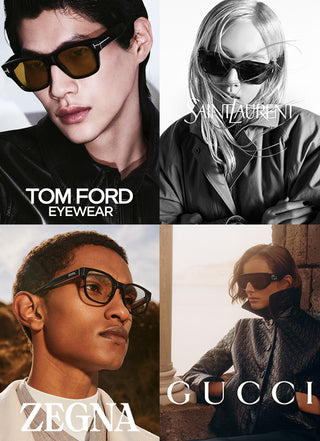 Brand advertising images for Tom Ford Eyewear, Saint Laurent Eyewear, Zegna Eyewear and Gucci Eyewear