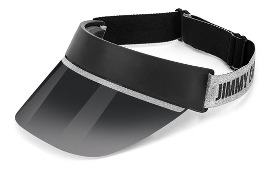 Black visor with a gray gradient lens and 'Jimmy Choo' branding on a white background